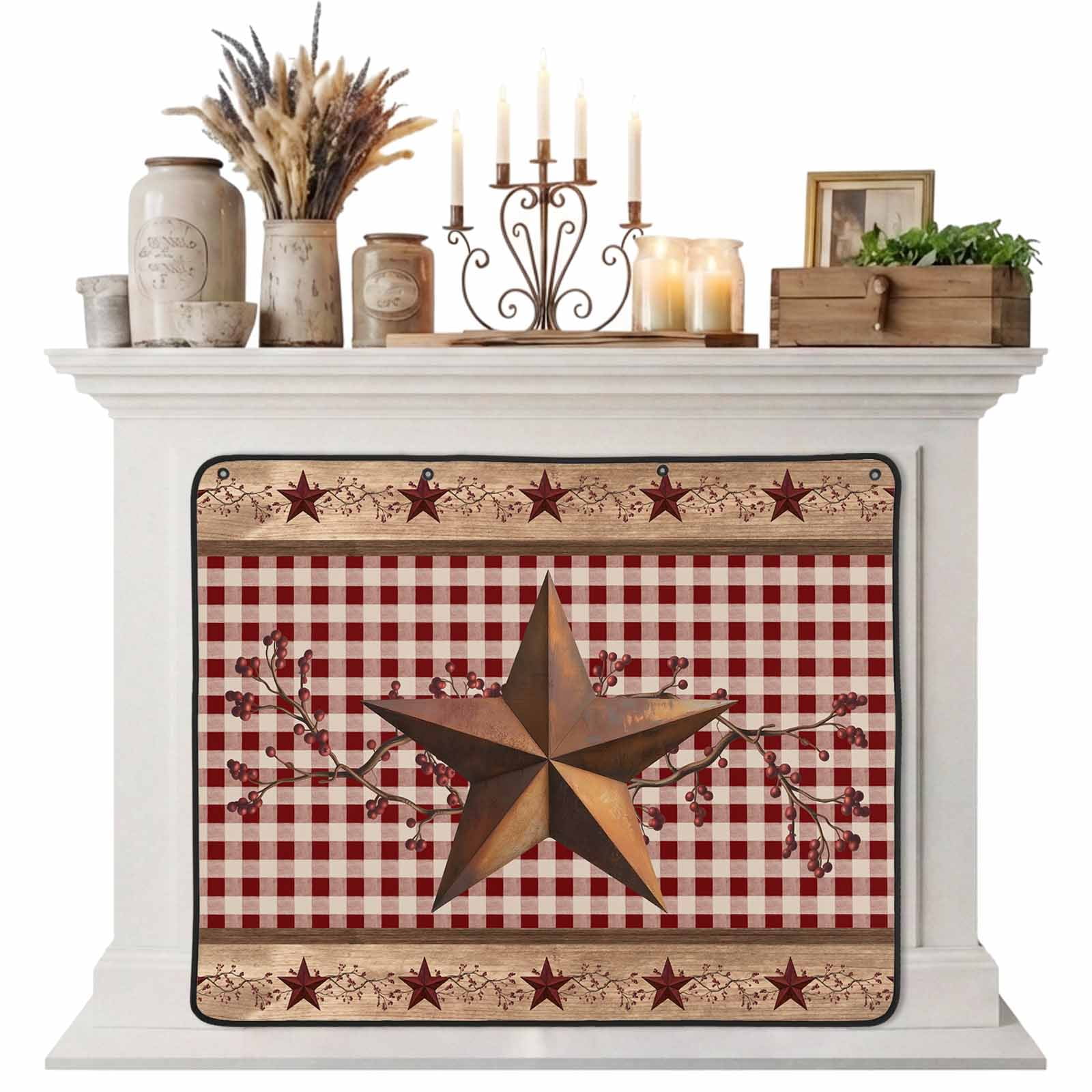 Magnetic Fireplace Cover Barn Star Berry Fireplace Screen Wooden Red Buffalo Plaid Insulation Fireplace Blocker Blanket Save Energy Fireplace Draft Stopper Covers for Living Room 36x30