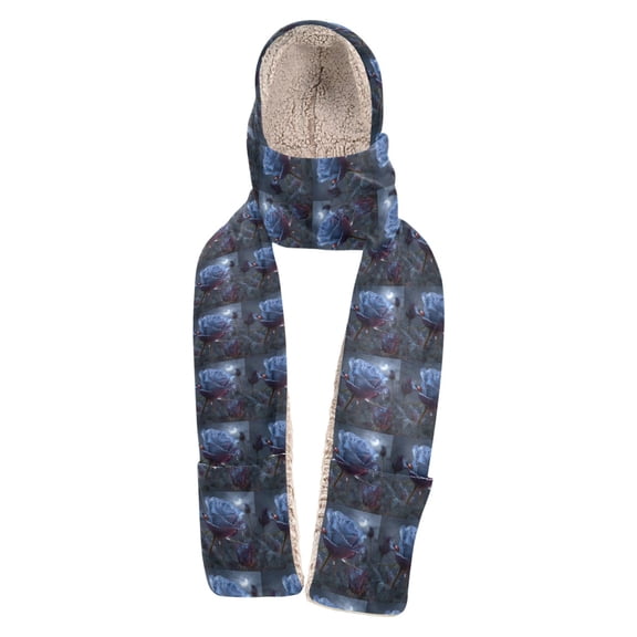 BZSMCE Warm Fleece Hood Scarf Wrap Moonlit Blue Rose Pattern
