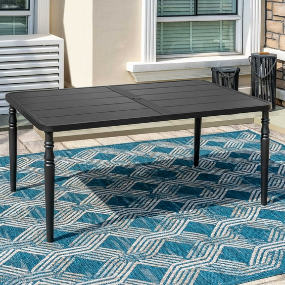 Nuu Garden Weather-Resistant Outdoor 61” x 37” Rectangle Metal Dining Table with Umbrella Hole, Powder-Coated Frame, Slatted Tabletop, for Patio, Garden, Backyard and Balcony, Black