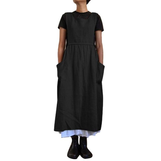 JUNWELL Robe d'Été Sans Manches pour Femmes, Col Carré, Poches, Coton Lin, Tablier Long, Robe Tablier, Vestidos Mujer