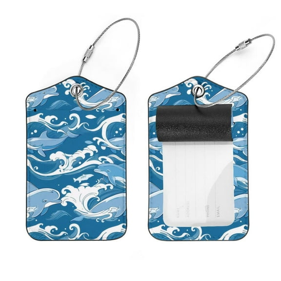 PhooArto Blue Wave Dolphin Pattern Luggage Tags with Stainless Steel Loop, 2 Pack Luggage Tag Holders for Travel Luggage Baggage Identifier