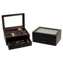 Black Leather Glass Lid 1-Drawer Velour Lined 10-Watch, Pen and Cuff Link Case GM8735