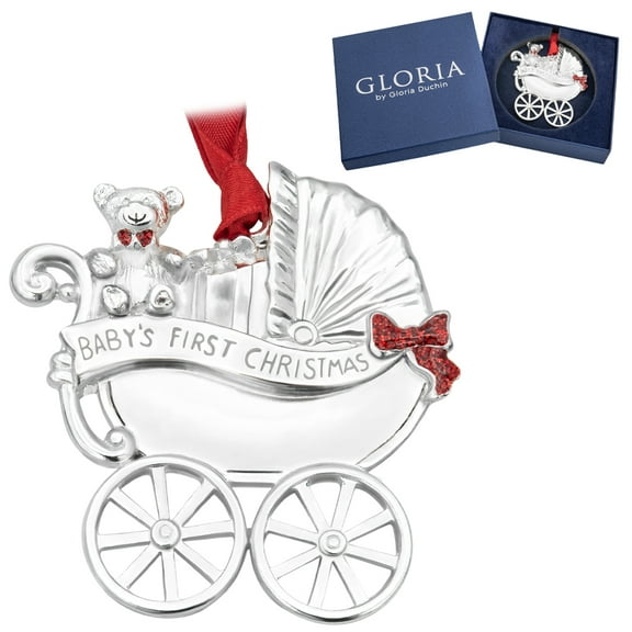Modern Baby Carriage "Baby's First Christmas" Birthday Sterling Silver Metal Keepsake Ornament