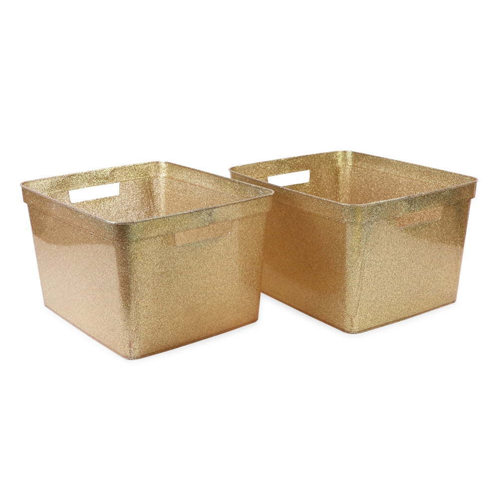 Isaac Jacobs 2-Pack Large Gold Glitter Storage Bin Set with Cut-Out Handles, Plastic Organizers