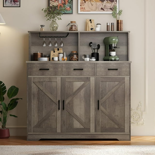 Kojooin Large Buffet Storage Cabinet, Farmhouse Kitchen Sideboard Buffet with 3 Drawers and 3 Doors, Wood Wine Bar Coffee Bar Cabinet with Microwave Stand for Kitchen, Living Room