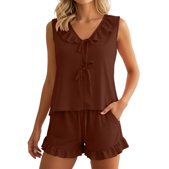 WAYUTE Shorts Sets for Women Casual Summer Outfit Sleeveless Ruffle V Neck Tank Top and Shorts Classic Solid Color Breathable Clothing Sets