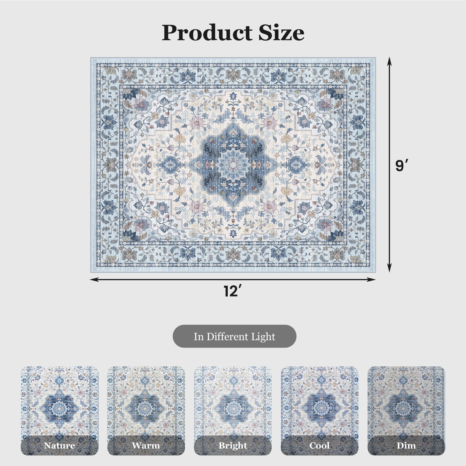 CHITOOMA 9'x12' Area Rugs for Living Room, Boho Machine Washable Stain Resistant Non-Shed Carpet, Floral Area Rug with Non-Slip Backing for Bedroom, Dining Room, Dorm, Office