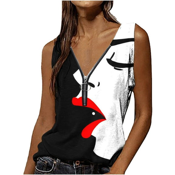up to 60% off Gifts Usmixi Womens Tank Tops Fashion Zipper Loose Fit Lightweight Vest Shirts Summer Trendy Character Face Print V-Neck Sleeveless Shirts Blouse Red s