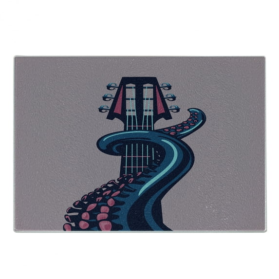 Octopus Cutting Board, Sea Animal with Guitar Riff Musical Instrument Rock and Roll Modern Art Print, Decorative Tempered Glass Cutting and Serving Board, Small Size, Lilac Blue, by Ambesonne