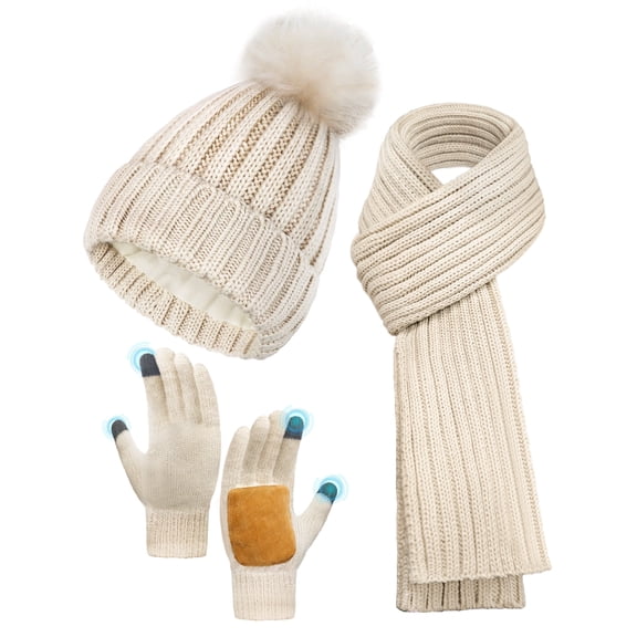 Winter Warm Hat Scarf Glove Set for Women,Fleece Lined Winter Beanie 3 in 1 - Beige Thermal Women Beanie with Pom, Thicken Widen Long Knit Scarf,Touchscreen Non-Slip Gloves