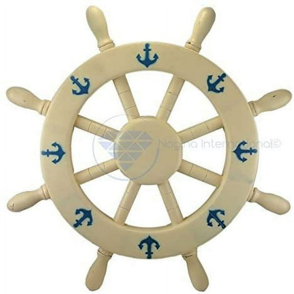 Nagina International Creamy White Wooden Ship Wheel Acrylic Painted Anchor Accentuated Premium Nautical Maritime Gift | Nautical Collectible (12 Inches)