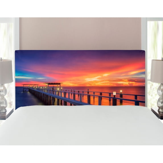 Landscape Headboard, Wooden Bridge in the Port at Sunrise Horizon Candle Romantic Love Image Print, Upholstered Decorative Metal Bed Headboard with Memory Foam, Full Size, Orange Navy, by Ambesonne