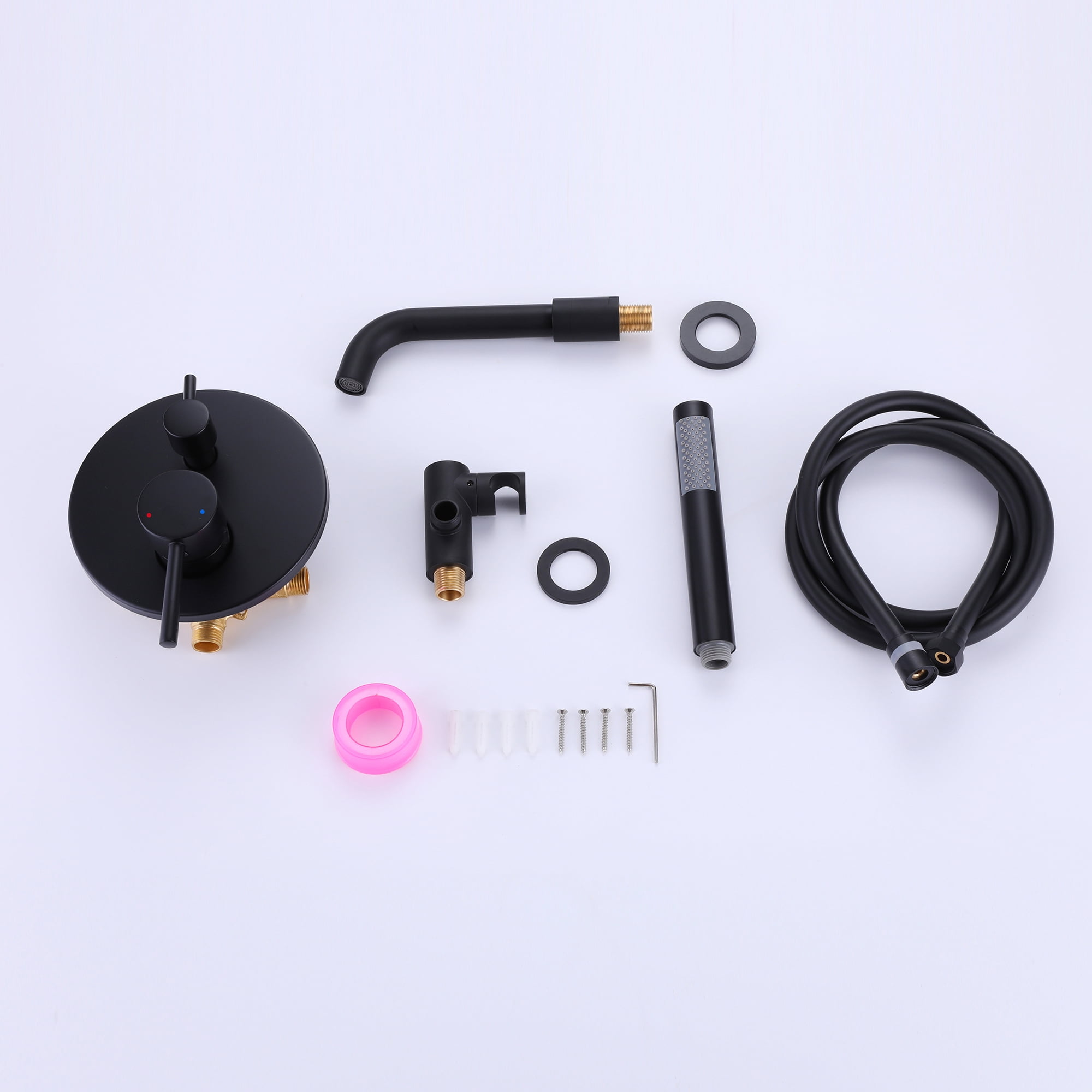 Dual Handles Wall Mounted Bathroom Tub Filler with Hand Shower, Solid Brass Matte Black Waterfall Bathtub Faucet