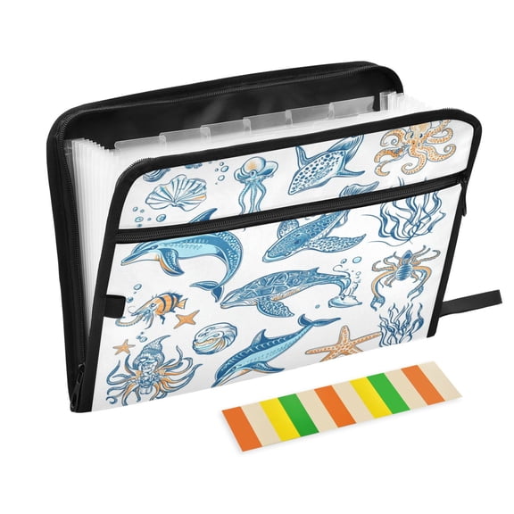 Accordion File Organizer with Zip Closure 13 Pockets Expanding File Folder Letter A4 Paper Document Organizer for Home Office Ocean-themed Pattern
