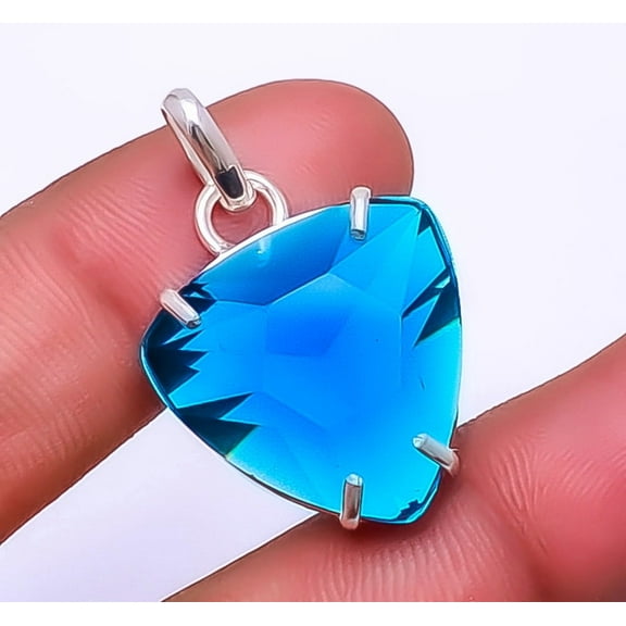 Blue Sapphire (Simulated) 925 Sterling Silver Solitaire Pendant 1.56" P7484-5, Christmas Gift, Gemstone Silver Jewelry, Blue Sapphire Pendant, New Yea