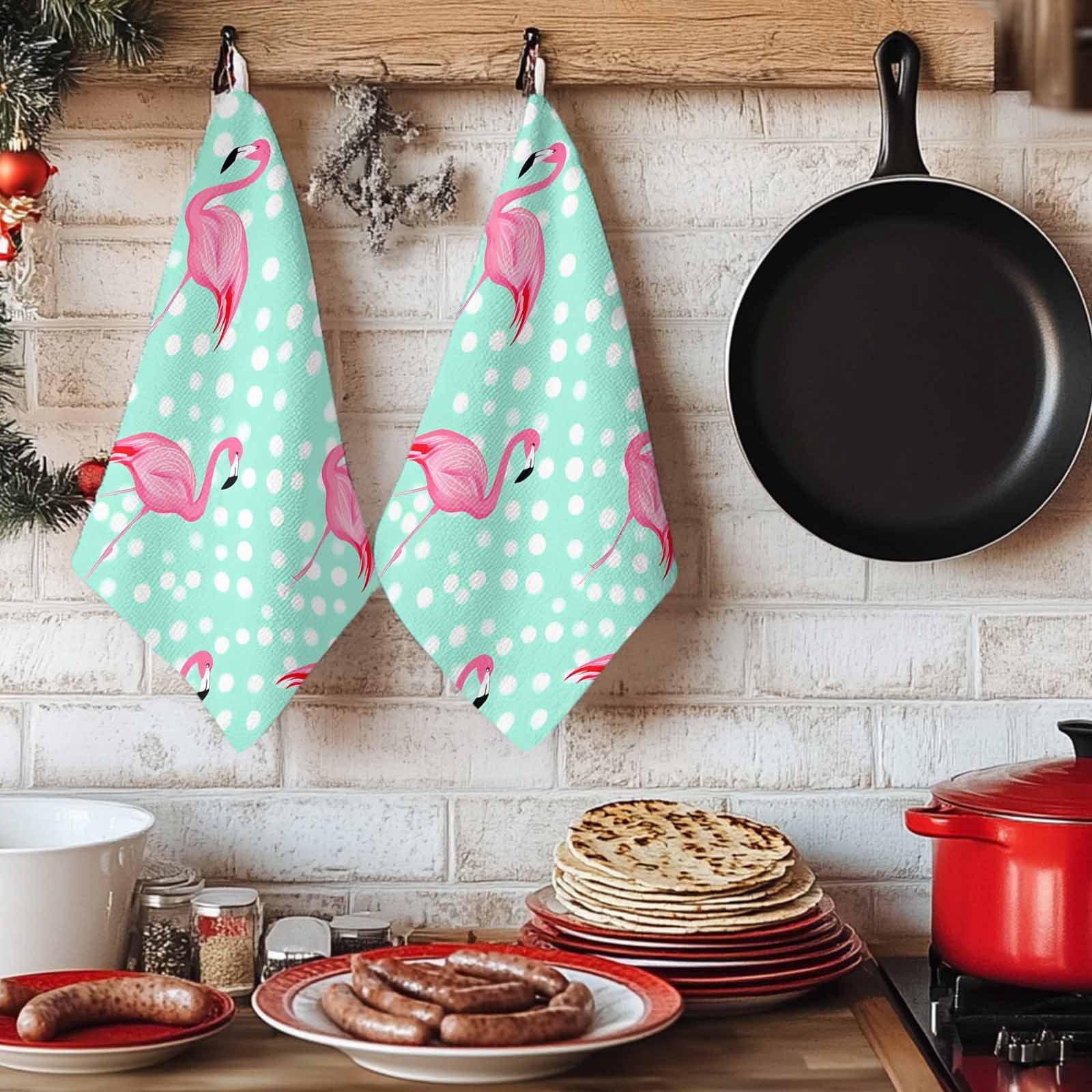Green Flamingo Kitchen Towels Set of 2, Polka Dot Modern Art Absorbent Dish Towels for Kitchen, Microfiber Hand Towel, Quick Drying Tea Towel for Cleaning Decorative Dishcloths
