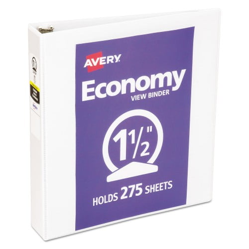 New Avery Economy View Binder with Round Rings , 3 Rings, 1.5' Capacity, 11 x 8.5, White,Each