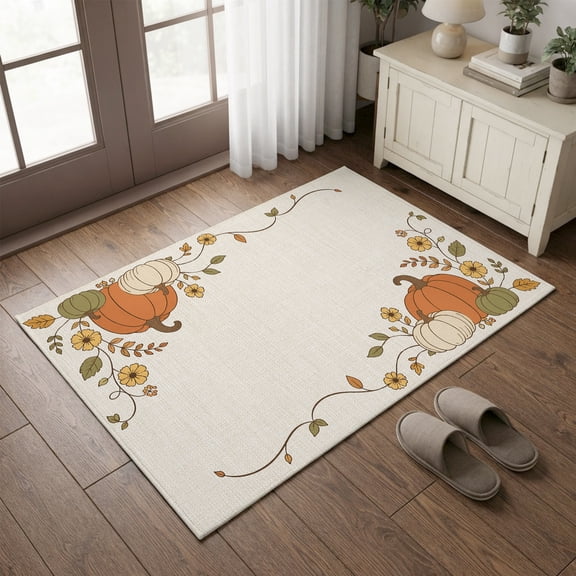 Entryway Rug 2'x3', Fall Thanksgiving Kitchen Runner Rugs Non-Slip Carpet Mats, Pumpkins Florals Minimalist Beige Bedside Rugs Runners Washable Floor Carpet for Bathroom Laundry Room