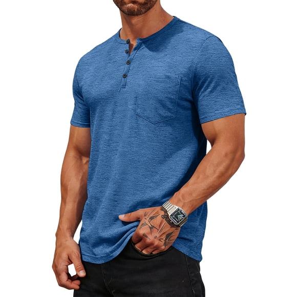 Domuza Men's Henley Shirts Casual Plain Slim Fit Short Sleeve Button Down Tshirts 2026 Summer Stylish Lightweight Basic Tops with Pockets Royal Blue 4XL