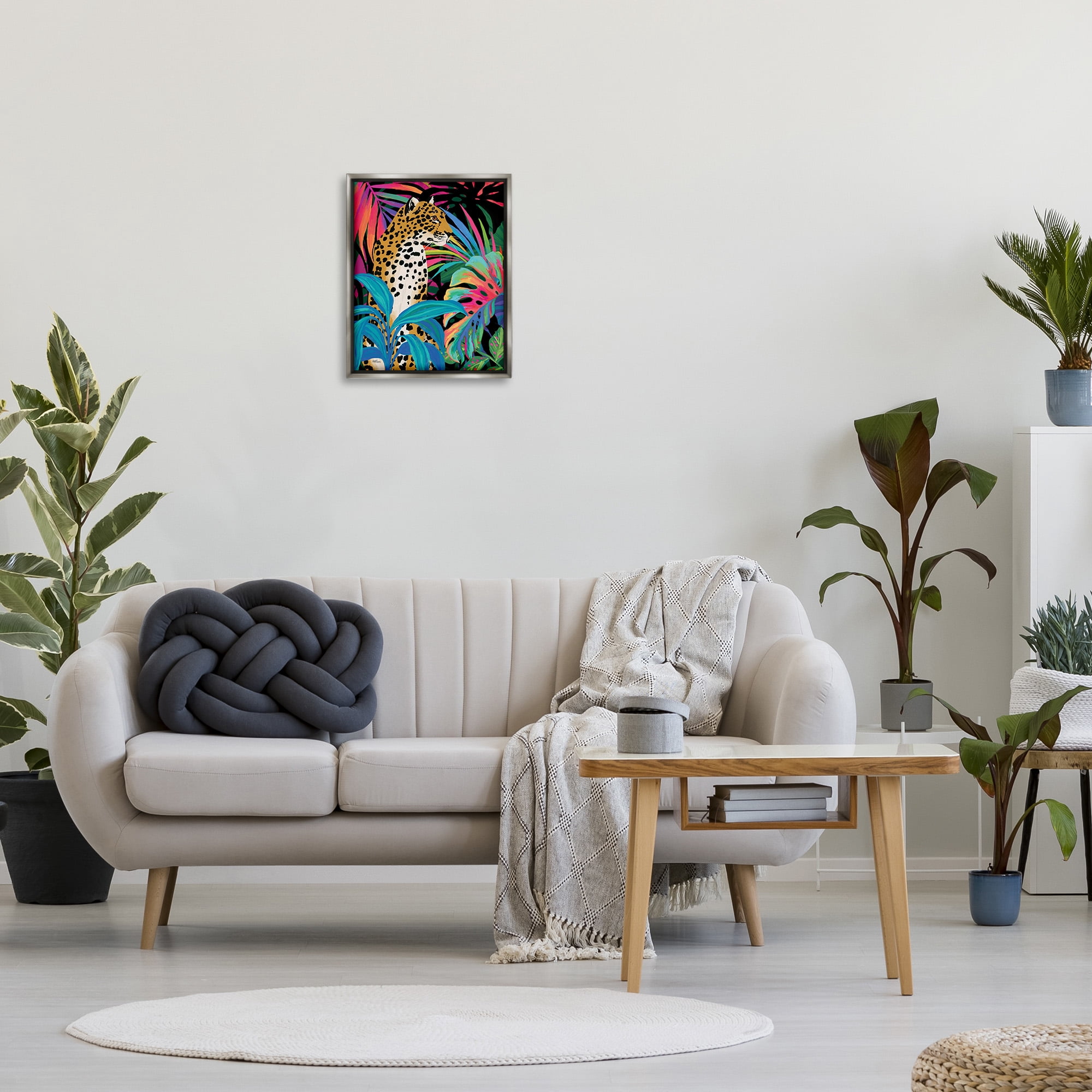Stupell Industries Abstract Leopard & Leaves Animals & Insects Painting Gray Floater Framed Canvas Art Print Wall Art, 17 x 21