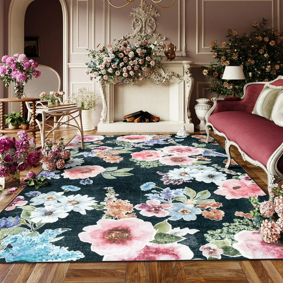 Wondo 5x8 Washable Floral Rug, Bright Floral Pattern Bohemian Rug for Bedroom, Low Pile Non-Slip Decorative Rug for Living Room, Kids Room, Office, Dining Room, Black