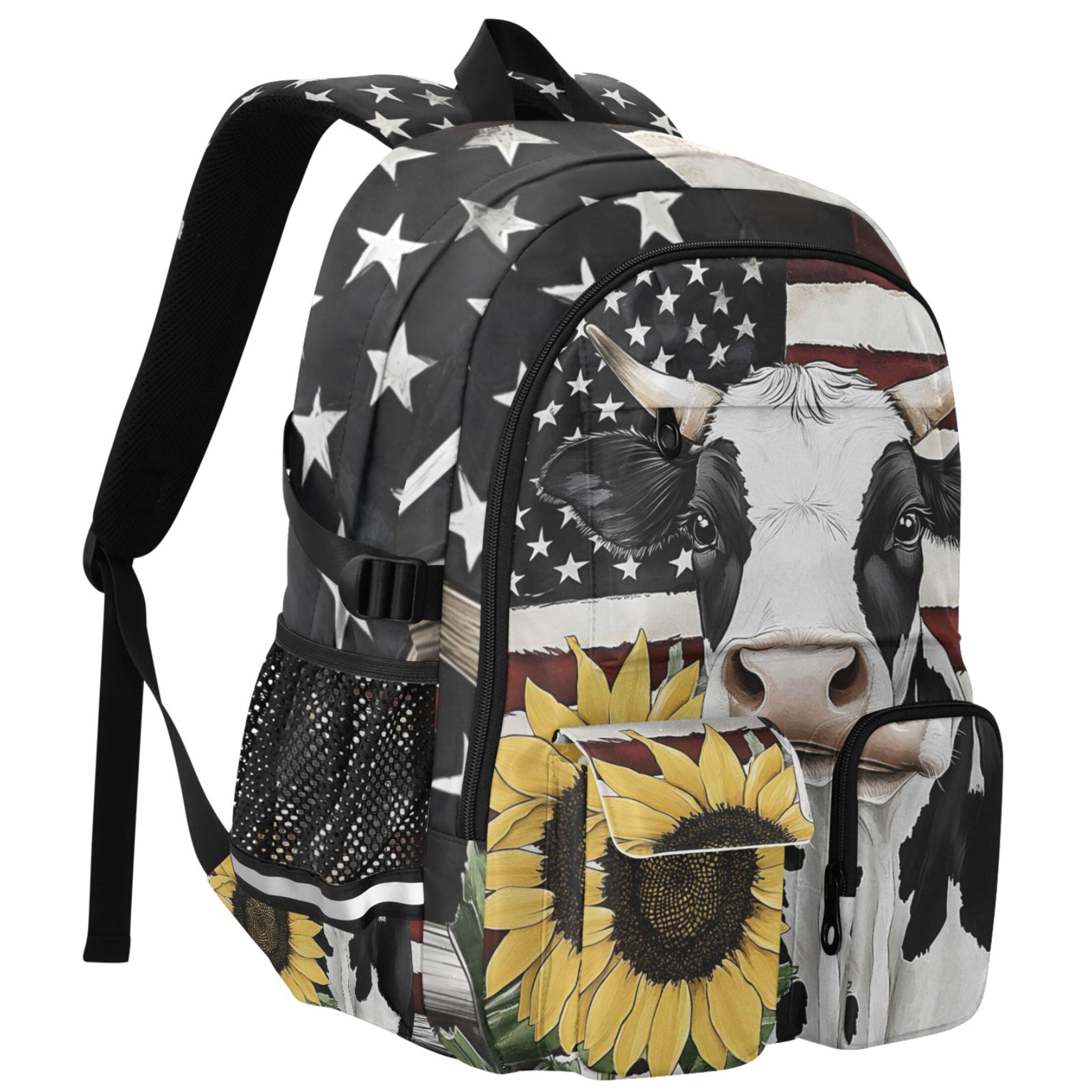 ALAZA Cow with Flag Sunflower Print Student Backpack School Bookbag Large Laptop Daypack Travel Bag