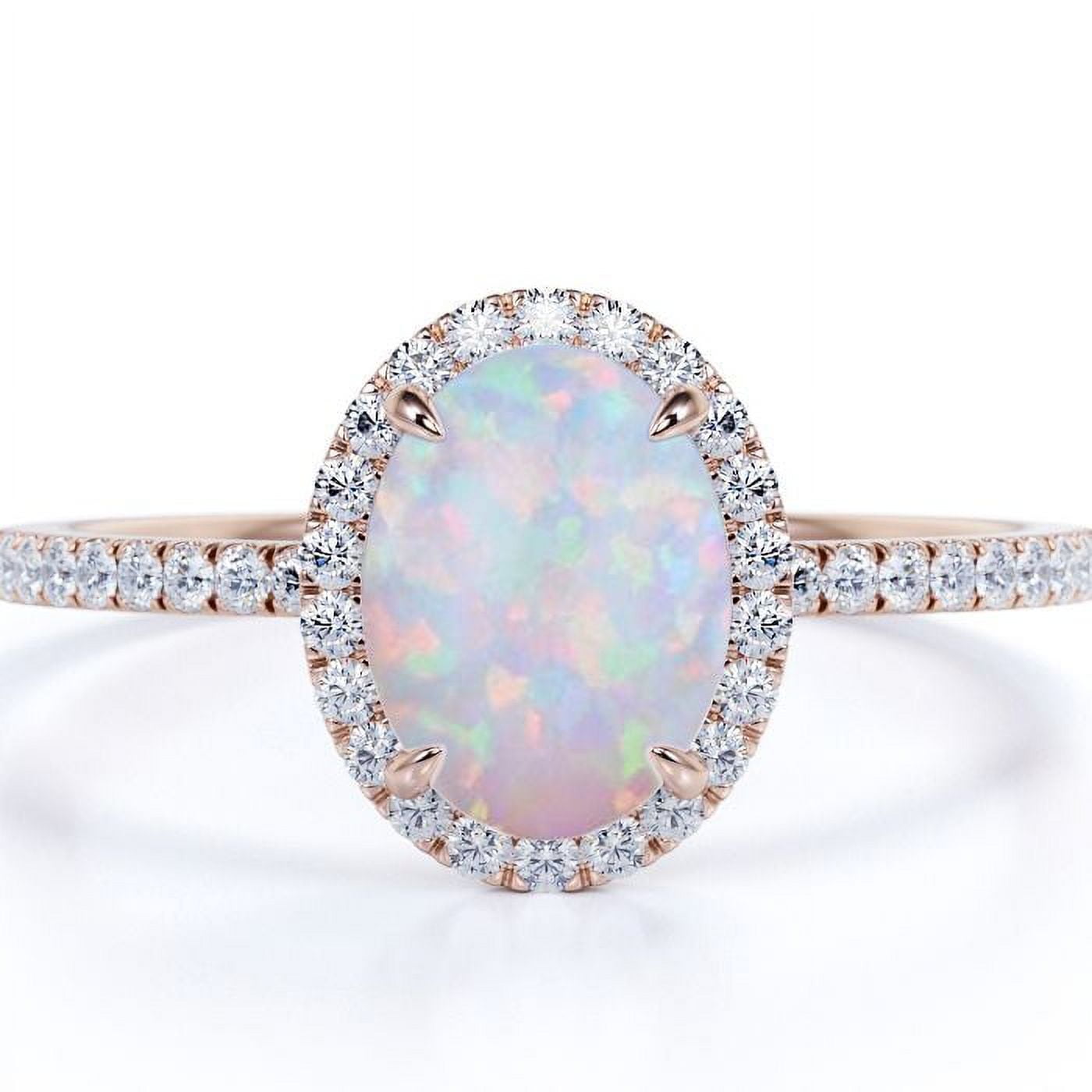JeenMata Vintage 1.50 ct Oval Australian Opal and Moissanite Halo Engagement Ring in 18K Rose Gold over Silver