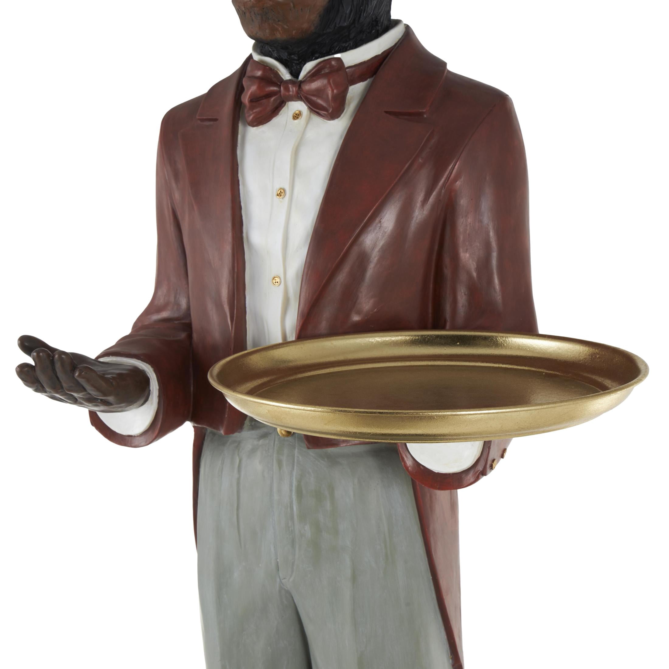 24" x 64" Red Resin Tall Waiter Monkey Sculpture with Gold Accent and Square Base, by DecMode