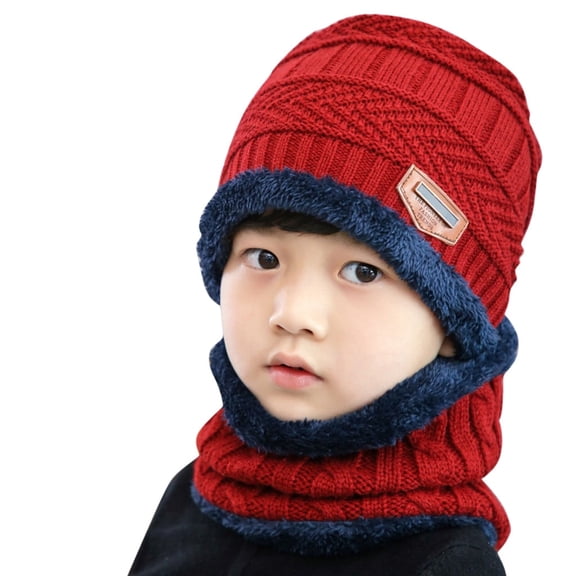 Kids Winter Hat and Scarf Set Warm Knit Beanie Cap and Circle Scarf with Fleece Lining for Children Boys Girls (Red )