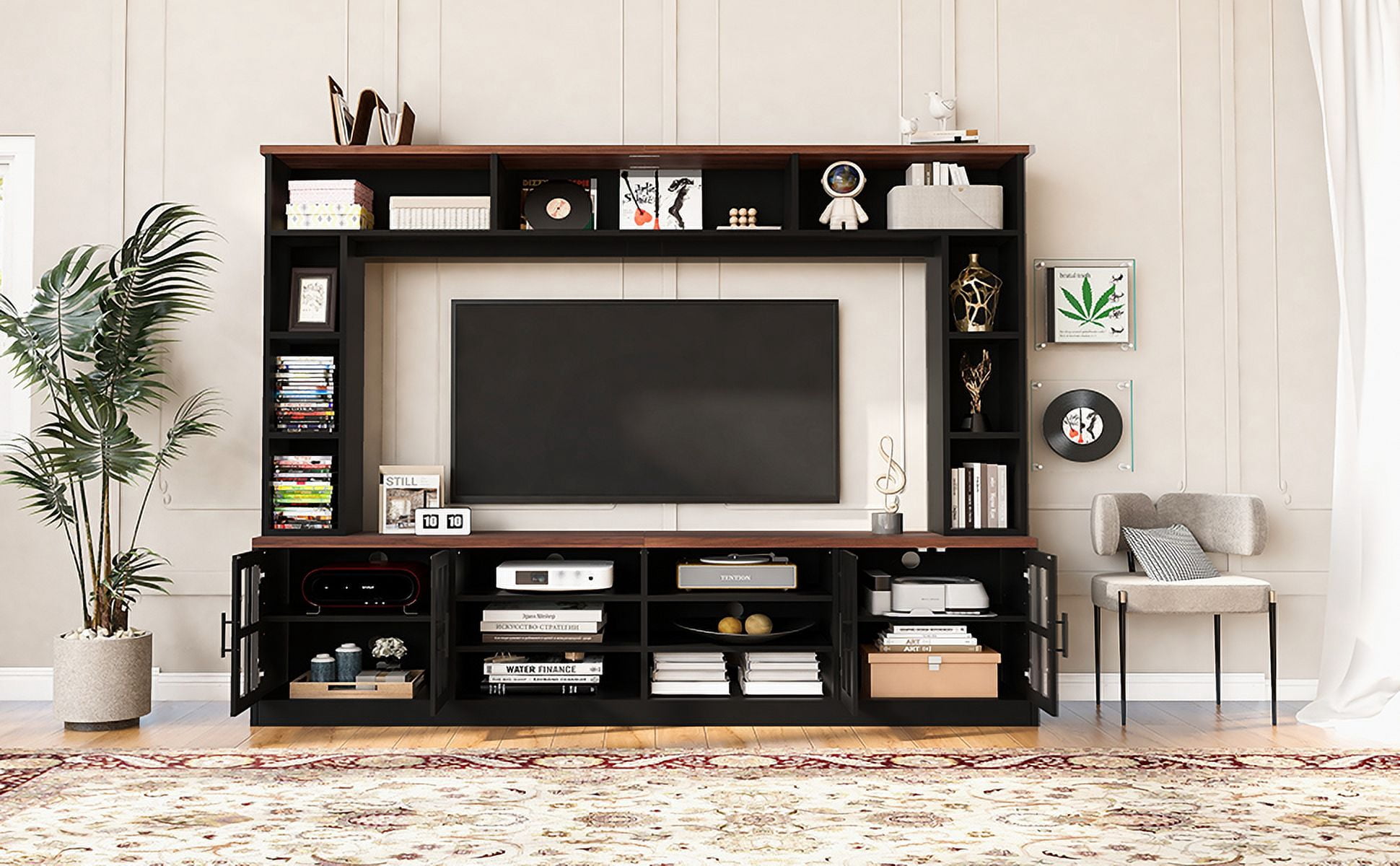 Euroco Elegant 95.5" TV Stand with Storage & Display Shelves, Tempered Glass Doors, and Wire Management for TVs up to 80" – Modern Entertainment Center