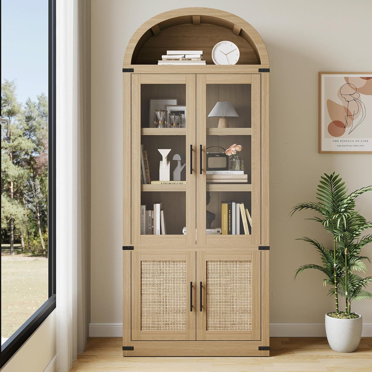 Memoryfield 72" Tall Arched Bookcase with Glass Doors, 6 Tier Display Bookshelf Storage Cabinet, Modern Floor Standing Organizer for Home Office Living Room, Natural