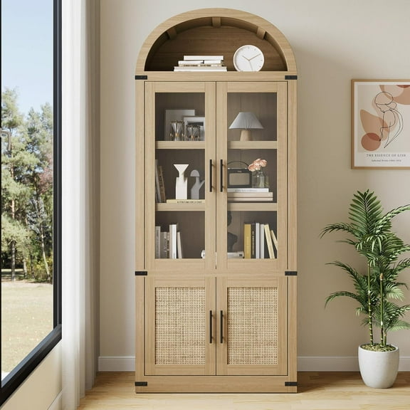 Arched Bookcase with Doors Modern 6-Tier Bookshelf with Storage Wooden Display Cabinet Farmhouse Storage Shelves for Living Room, Kitchen, Office