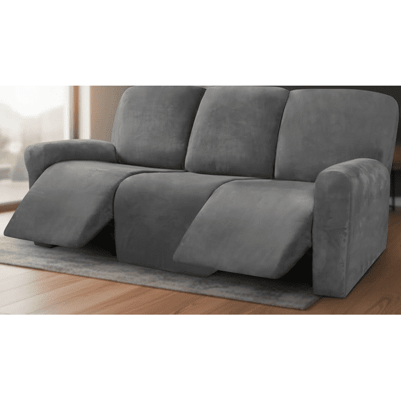 Stretch Recliner Sofa Cover 8-Piece Set for 3-Cushion Reclining Couch, Thick Soft Velvet Washable Slipcover Furniture Protector, Dark Gray for 3-Seater