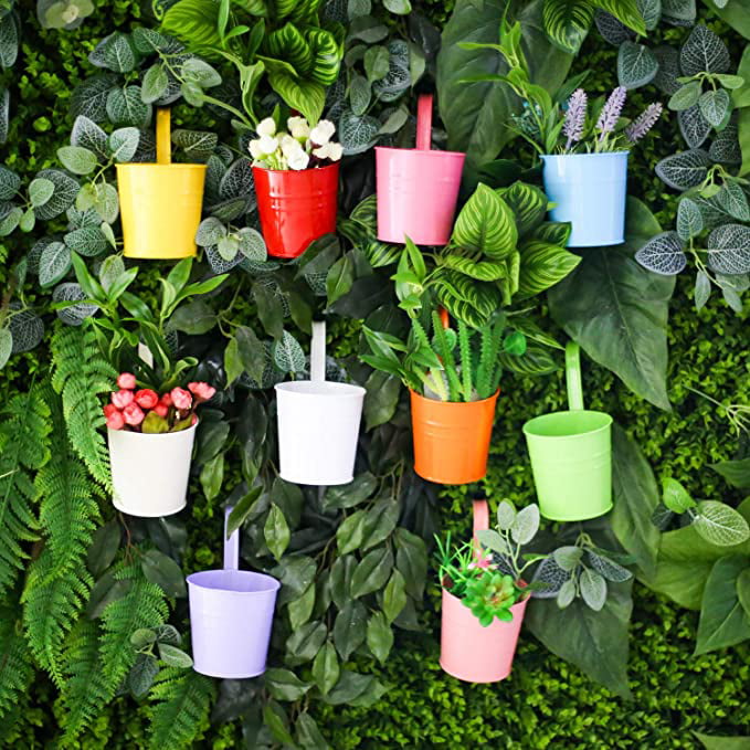 10 Pcs 10 cm Metal Flower Pots Colored Metal Hanging Plant Pots Fence Flower Pots Garden Hanging Flower holder without Drainage Hole