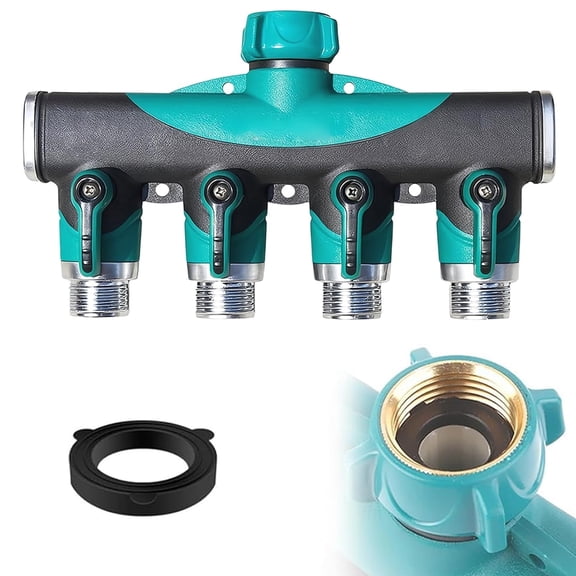 4 Way Hose Splitter (Superior Durability), Premium Garden Hoses Connector, 4 Way Heavy Duty Water Valve for Spigot Faucet Bib, Four Outlet with On Off Valve, Zero Leaks, Green