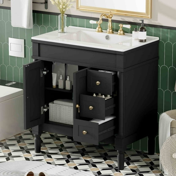 viswild 30" Bathroom Vanity with Ceramic Sink, Soft Close Doors & Drawers, Solid Wood Storage Cabinet, U Shelf, Modern Design, Black