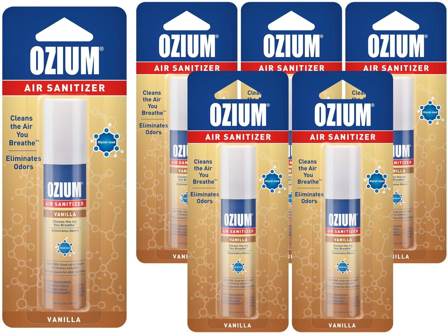 Ozium Air Sanitizer & Freshener Vanilla Scent (0.8 oz.) Pack of 6