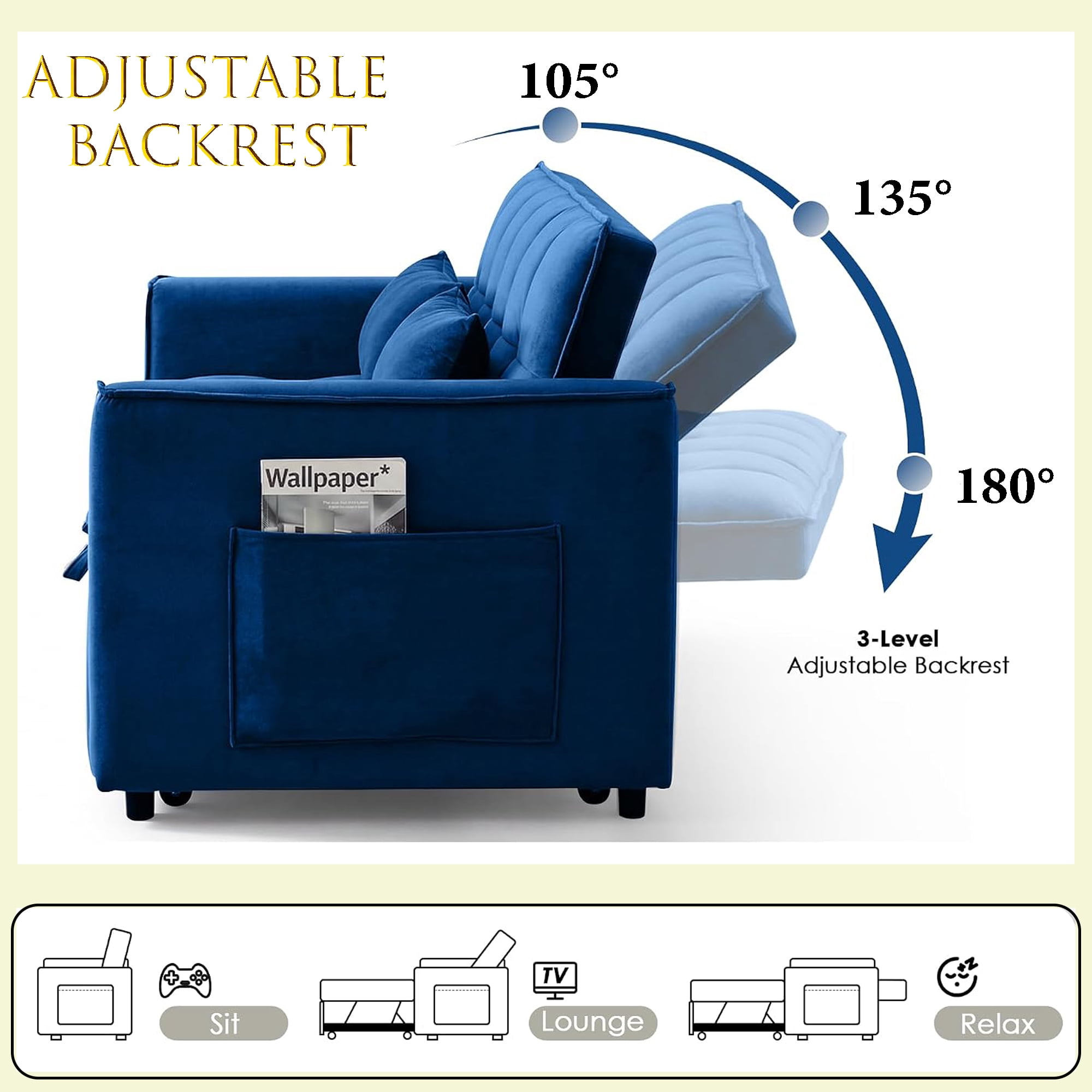 WAKEFIT 54" Pull-Out Sleeper Sofa Bed,3-in-1 Convertible Loveseat Couch with Adjustable Backrest for Small Living Room,Velvet,Blue