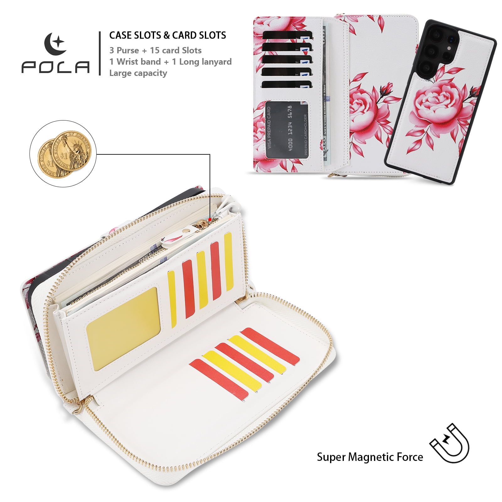 TECH CIRCLE 2-in-1 Wallet Case for Galaxy S23 (6.1", 2023), Detachable Magnetic Back Cover, PU Leather Flip Flower Phone Case with 15 Card Slots, Zipper Pocket, Wrist/Shoulder Strap, White