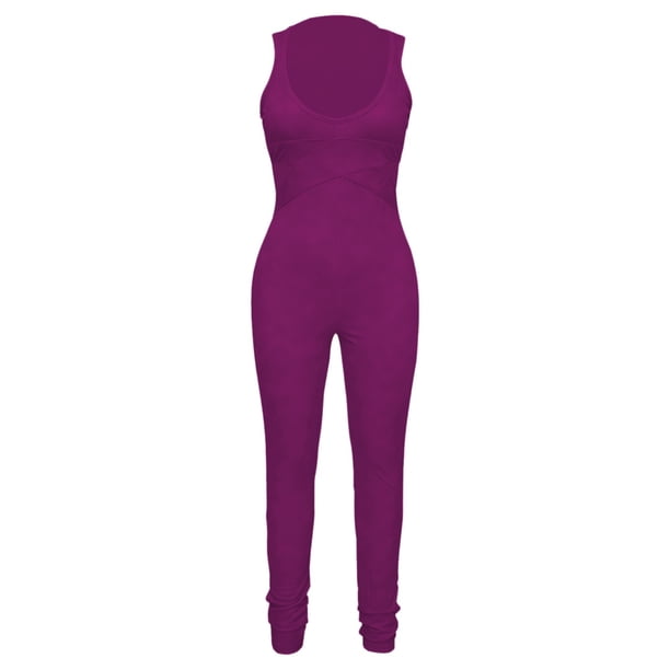 Gibobby pantalones siameses color liso Mono sin mangas sexy con cuello en V profundo para mujer con cintura ahuecada(Morado, L)