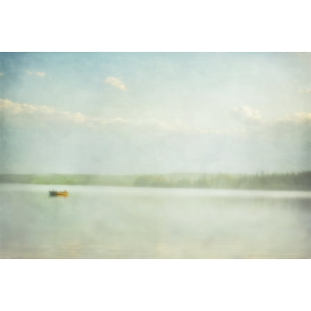 Two boys in a fishing boat in cow lake in the summerCow lake alberta canada Stretched Canvas - Roberta Murray  Design Pics (38 x