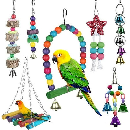 FanShow 7 Pieces Bird Toys, Bird Toy Set, Wooden Parrot Toys, Colorful ...