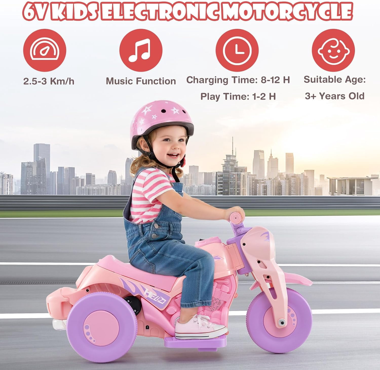 OLAKIDS Kids Motorcycle, 6V Electric Ride On Car with Automatic Bubble Function, Foot Pedal, Headlight, Music, 3 Anti-Skip Wheels Vehicle for Children, Toddler Ages 3+ (Violet)