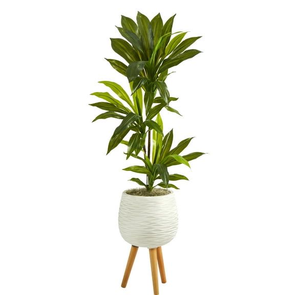 Nearly Natural Green 46"H Dracaena Artificial Plant in White Planter with Stand (Real Touch)