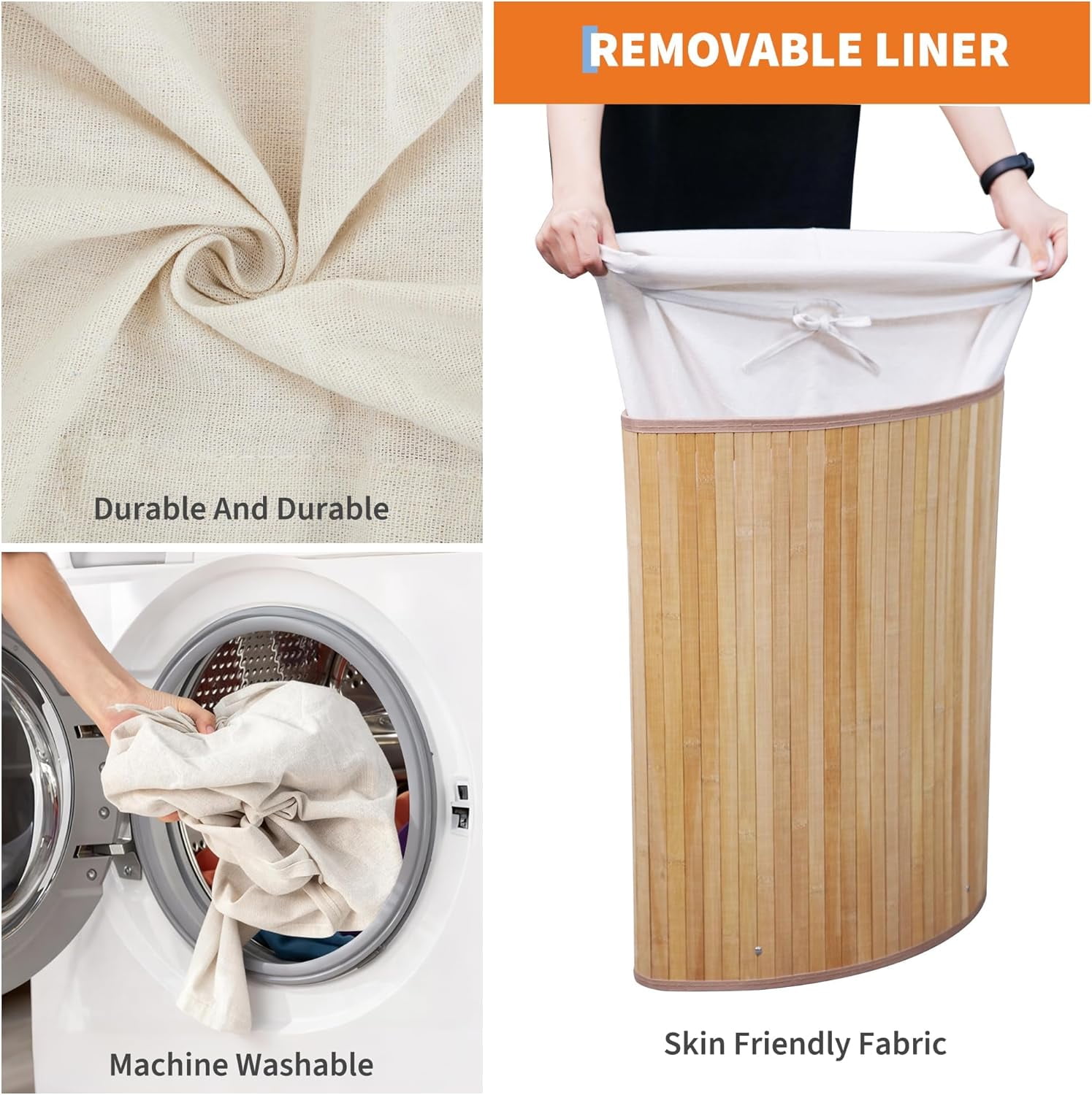 Garvee 58L Hamper with Lid, Bamboo Laundry Basket with Removable Liner & Handles, Oak