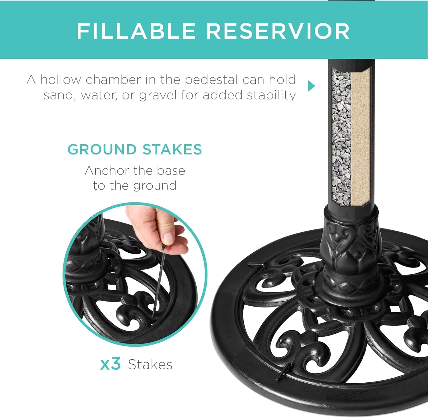 NIUMU  28in Pedestal Bird Bath, Vintage Outdoor Resin Accent Decoration w/Fleur-de-Lis Accents - Black