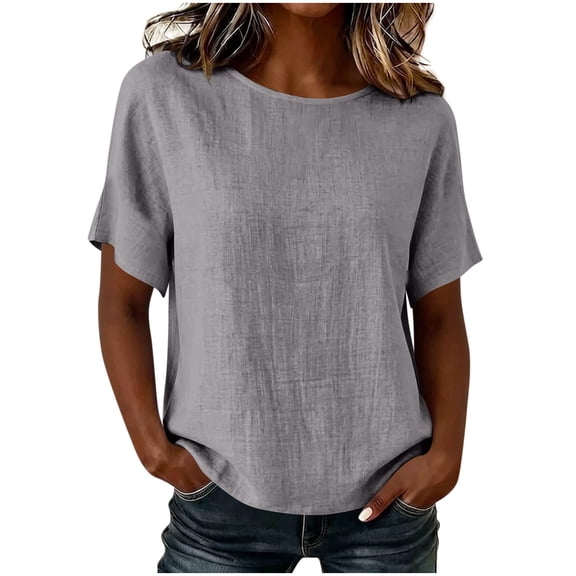 Admvng Women's Crew Neck Tops Linen and Cotton Short Sleeve Solid Casual Basic Summer Blouses