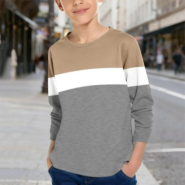 ZOYOEN Boys Striped T Shirts- Fashion Casual Long Sleeve Crewneck Kids Basic Tees Khaki Size 4-14