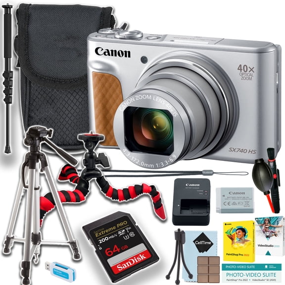 Canon PowerShot SX740 HS Digital Camera (Silver)   64GB Extreme Memory Card   Tripod   Spider Tripod   Point and Shoot camera case   More ( 15pc Bundle)