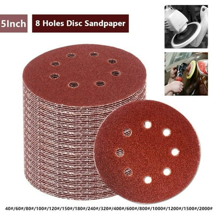 

5-Inch 8-Hole Hook and Loop Sanding Discs 40/80/120/240/320/400/600/800/1000/1200/1500/2000 Assorted Grits Sandpaper - Pack of 1/10/100Pcs
